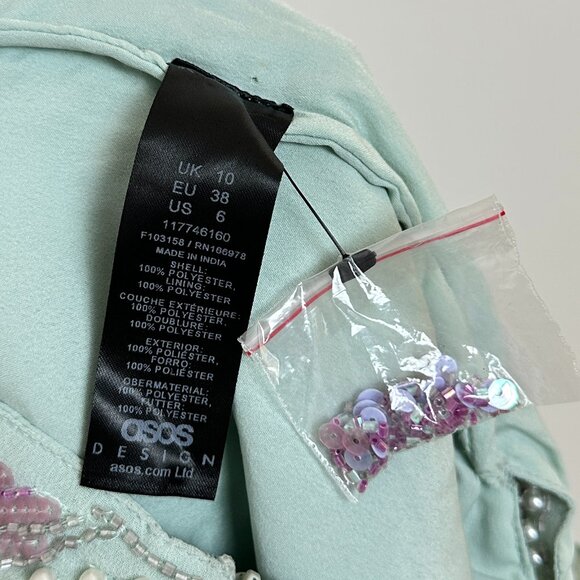 ASOS DESIGN Halter Mini Dress With Embellished Butterfly Artwork in Blue US 6 - Picture 9 of 11